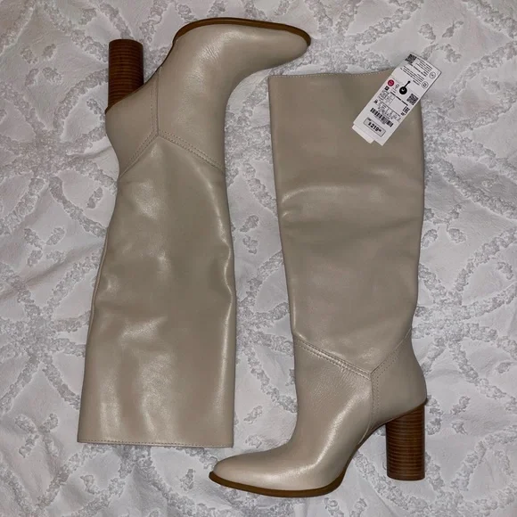 Zara Shoes Zara Cream Leather High Heel Boots Poshmark